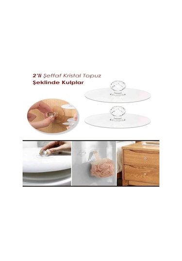 Sengenegel Çok Amaçlı 2li Kristal Topuz Kendinden Yapışkanlı Çekmece Kulpu 2li Yapışkan Askı Tutucu Düzenleyici Gri