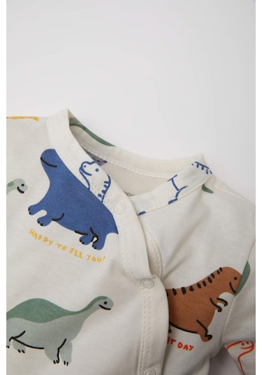 DeFacto Erkek Bebek Yenidoğan Dinazor Baskılı Çıtçıtlı Penye Uzun Kollu Tulum E6044A5NSER233 Ekru