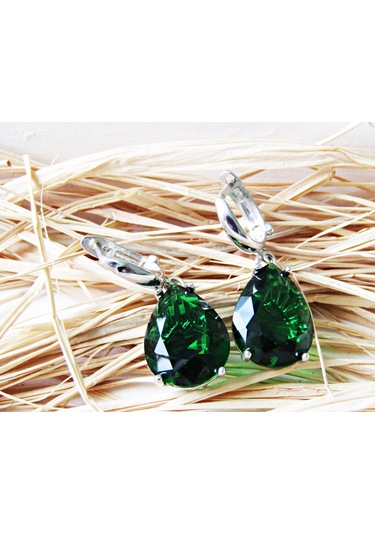 Lilahgümüştr Gümüş Damla Yeşil Taşlı Kadın Küpe