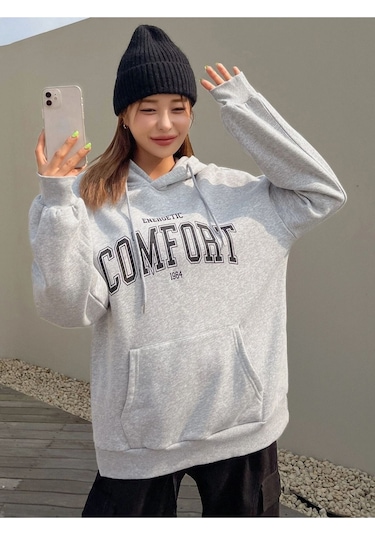 Altamira Unisex Gri Comfort Baskılı Oversize Kapşonlu Sweatshirt 001