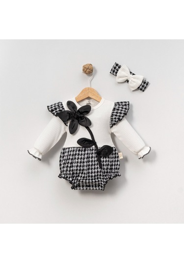 Çakar Bebe 6-18 Aylık Kaz Ayaği Güllü Romper-8036178 - Beyaz Beyaz