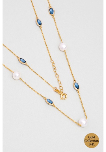 Doğal İnci Işıltısı 14 Ayar 45 Cm Sarı Altın Kolye Mavi