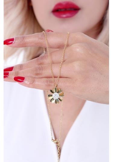 Kadın Altın Kaplama Papatya Çelik Kolye Gold Renk Altın