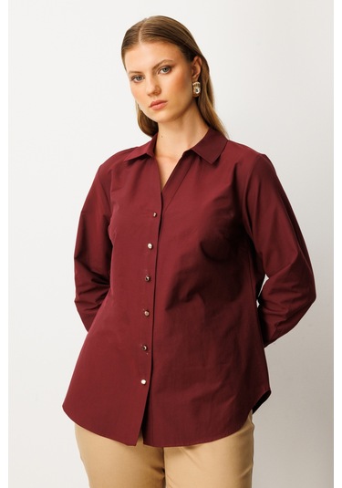 Ekol Kadın Büyük Beden Önü Düğmeli Polo Yaka Gömlek 3549 Bordo Bordo