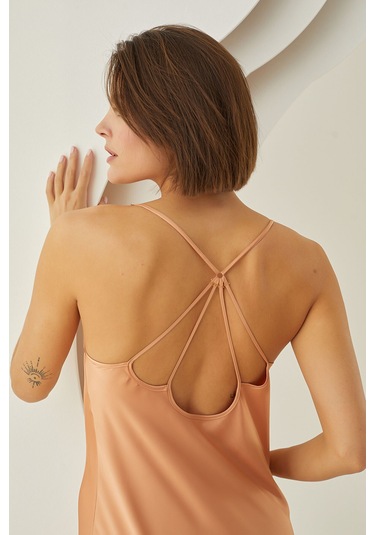 Nbb Kadın Somon Taşlı Silky Uzun Gecelik Somon