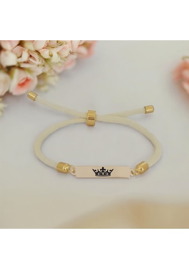 Archin Krallık Tacı Temalı Beyaz Örgülü 14 Ayar Altın Plakalı Dikdörtgen Figürlü Hediye Bileklik-413sembol Krallık Tacı