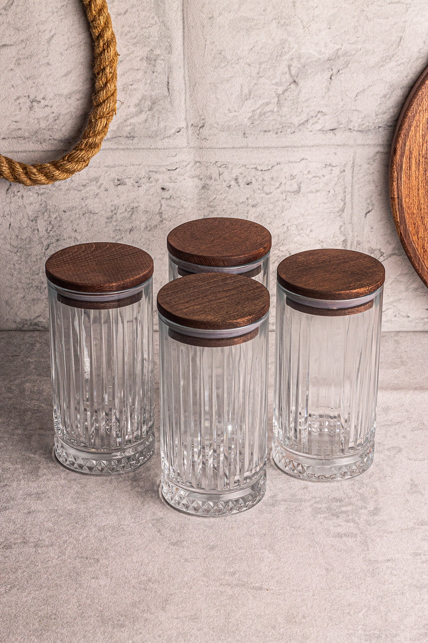Mira 4'lü Ahşap Vakumlu Kapaklı Cam Saklama Kabı 450 Ml 4 Adet Ahşap