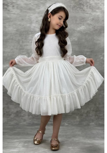 Zarif Simli Taçlı Kız Çocuk Elbisesi 001