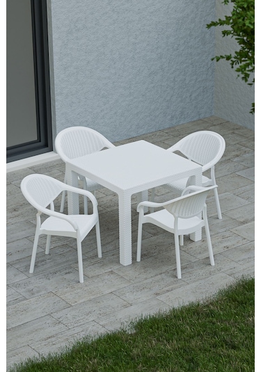 90x90 Cm Rattan 4 Kişilik Masa Takımı Camsız Bambu Sandalye Bahçe Teras Takımı Oturma Grubu Beyaz