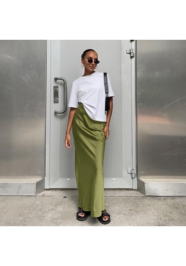 Saten Siyah Trompet Etek Ince Yüksek Bel Etekler Moda Kadın 2023 Yaz Katı Ofis Bayan Uzun Etek Kadın Zarif 27694 Yeşil