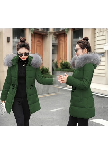 Barbora Kışlık Yaka Kürklü Uzun Kadın Şişme Mont Bt122Haki