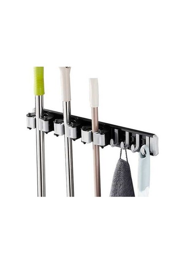 Pazly Paspas Tutucu Kancalı Süpürge Askısı - Delme Çivisiz Model H46158b-2 Siyah