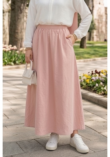 Bestenur Cepli Beli Lastikli Poplin Etek 1727 - Pembe