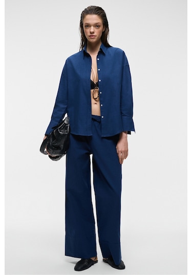 Melancholı Kadın %100 Pamuk Keten Görünüm Flamlı Geniş Paça Yüksek Bel Lastikli Lacivert Pantolon