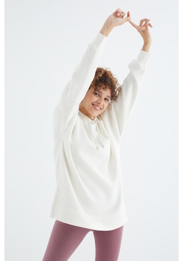 Tommy Life Ekru Reglan Kol Basic Kapüşonlu Oversize Sweatshirt Tunik - 97242 Ekru
