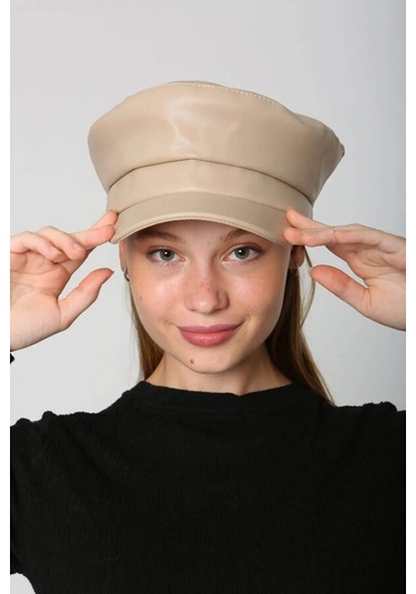 Kadın Deri Kaptan Denizci Şapka Rkş-09 Bej Bej