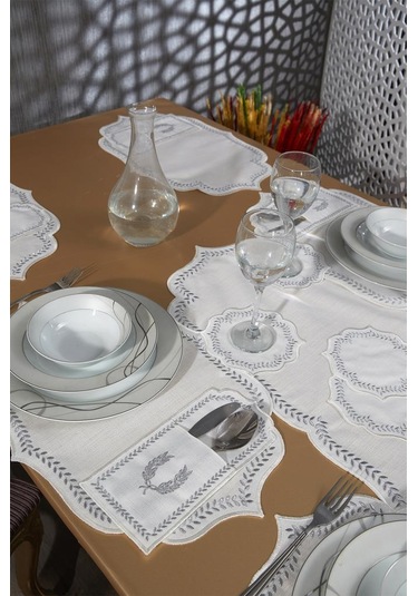 Nişan Keten Nakışlı Amerikan Servis Takımı 19 Parça Silver Gümüş