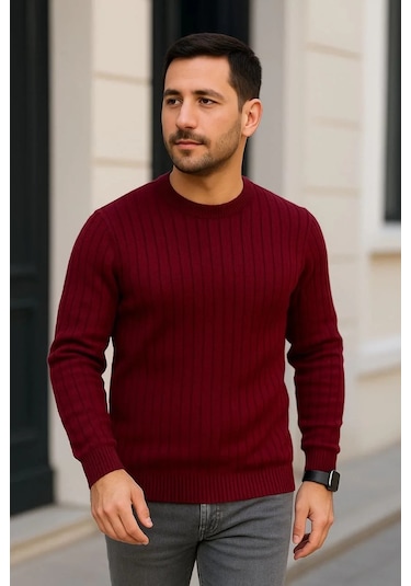 Erkek Bisiklet Yuvarlak Yaka Triko Kazak Pamuklu Kalın Fitilli Dokuma, Regular Fit Uzun Kollu Kışlık Bordo