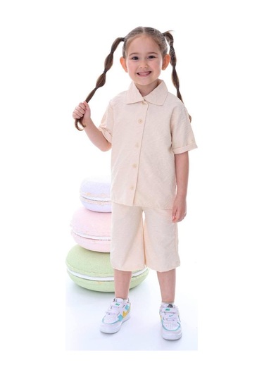 Kız Çocuk Desenli Gömlekli Takım-6366-Krem