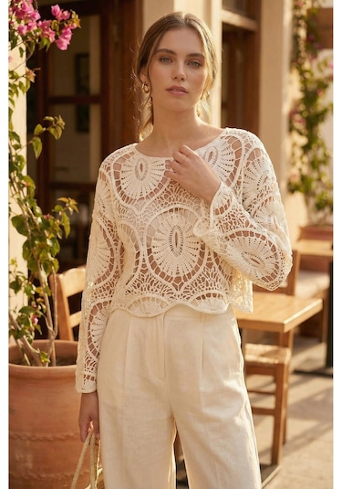 Sayzen Your Shine Dantel Işleme Crop Bluz Sy-shn2610 Ekru
