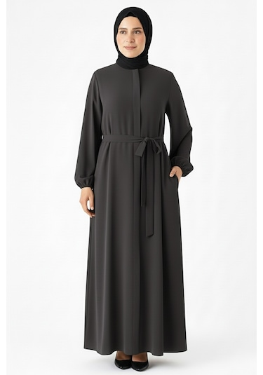 Medine İpeği Mevlana Kesim Cepli Kuşaklı Bol Ferace 4000-gri Gri