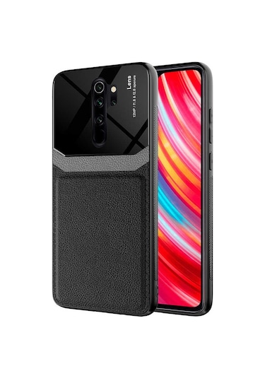 Noktaks - Xiaomi Uyumlu Xiaomi Redmi Note 8 Pro - Kılıf Deri Görünümlü Parlak Mika Tasarımlı Emiks Kapak - Siyah