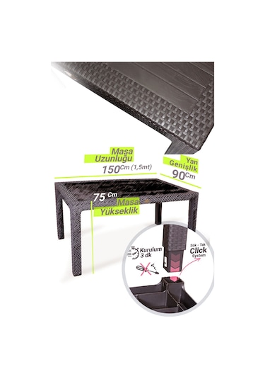 Bambu Pro 90x150cm Rattan Bahçe Balkon Masa Takımı 6 Kişilik Camsız Set Kahverengi