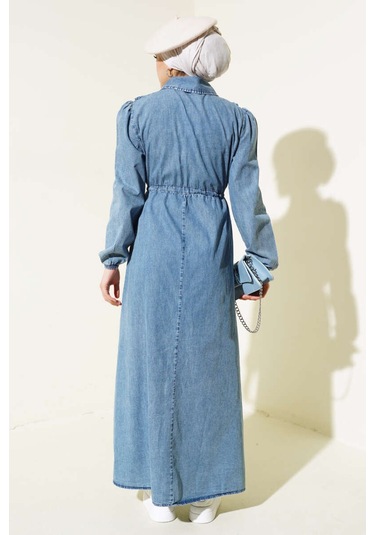 Fırfırlı Fermuarlı Balon Kol Kot Elbise Mavi