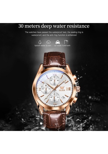 Olevs 2872 Erkekler Üç Göz Altı İğne Kronograf Su Geçirmez Kuvars Saat Beyaz + Gül Altın