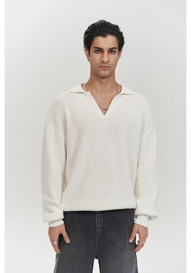 Magnus Polo Yaka Ekru Erkek Triko Kazak Ekru