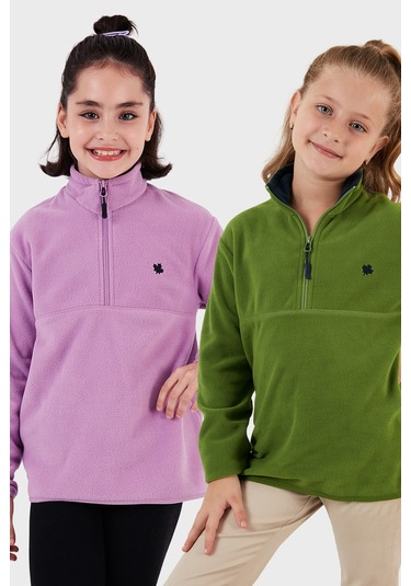 Lela Yumuşak Dokulu Fermuarlı Dik Yaka Şardonlu 2'Li Paket Çocuk Polar 5905002S2 Fıstık Yeşil-Lila