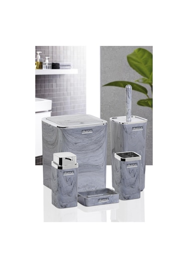 Okyanus Home Kromlu Kare Mermer Desenli 5'Li Banyo Seti Krom