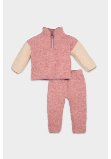 DeFacto Kız Bebek 2'li Takım Pelüş Fermuarlı Dik Yaka Sweatshirt Beli Lastikli Alt D6706A524WNBR80