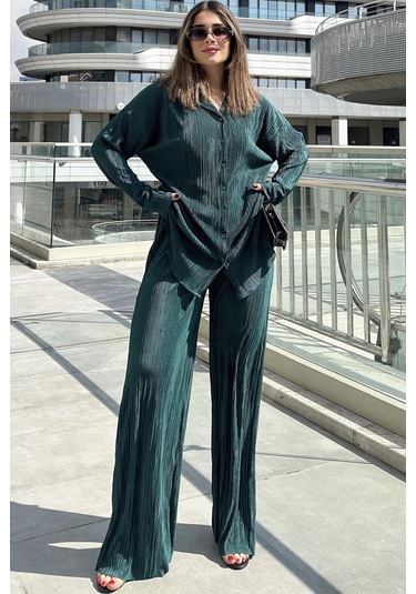 Kadın Zümrüt Yeşil Uzun Tunik Gömlek & Beli Lastikli, Bol Paça Pantolon - Salaş Bürümcük Takım Zümrüt Yeşili