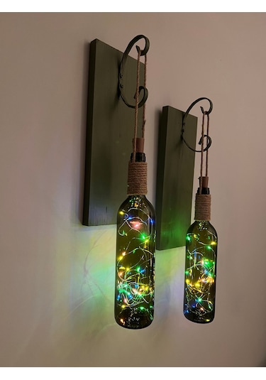 Ahşap  Retro Yeşil Şarap şişesi Duvar Aplik 2'li Set Yeşil