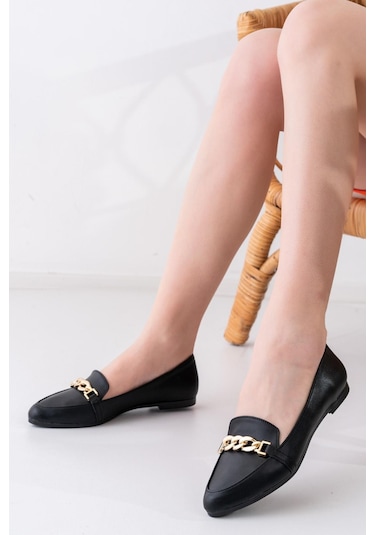 Kadın Lorena Siyah Sivri Burun Zinçir Tokalı Günlük Babet Siyah