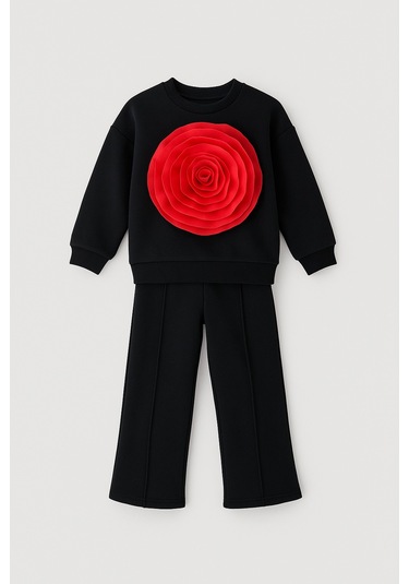 Kız Çocuk Siyah 2 Li Takım Kırmızı Organze Gül Detaylı Sweatshirt & Rahat Eşofman Takım Red Rose
