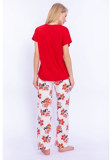 Arnetta Hibiskus Çiçek Desenli Kırmızı Kadın Pijama Takımı 5274-28930 Kırmızı