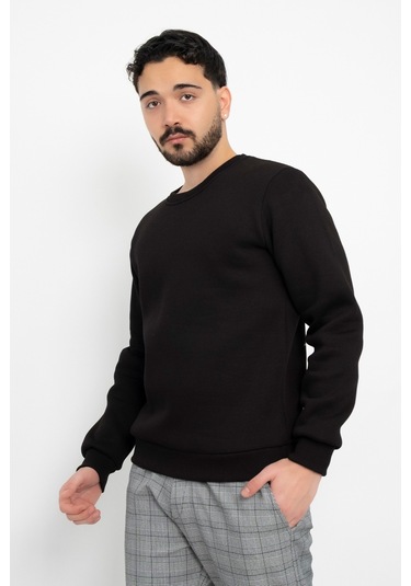 Dasüniforma Basic Baskısız 3 İplik Unisex Cepsiz Düz Sweatshirt Yuvarlak Yaka Sweat Siyah