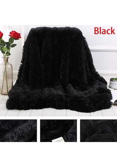 Yumuşak Taklit Kürk Mercan Polar Battaniye Kış Sıcak Bulanık Tüylü Kabarık Battaniye Kapak Lüks Peluş Bulanık Yatak Örtüsü Battaniye Yatak Siyah