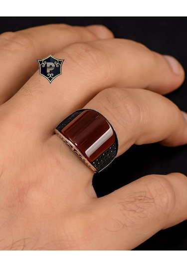 Prestij Gümüş 925 Ayar Gümüş Akik Taşlı Zirkon Taş Süslemeli Erkek Yüzüğü