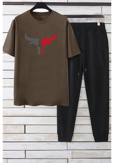 Unisex Boğa Baskılı Eşofman Takımı Kahverengi