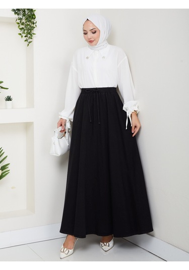 Beli Lastikli İpli Kot Kloş Etek Siyah Siyah