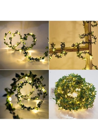 Dekoratif 7 Metre Yapay Yapraklı Tel Şeritli Sarmaşık + 10 Metre Peri Led Yeşil