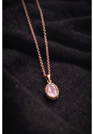 Kadın Bakır Kolye Doğal Açık Pembe Taşlı Minimal Model Kolye Diğer