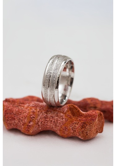 Rodyumlu Tırtık Desenli Unisex Gümüş Alyans -6530