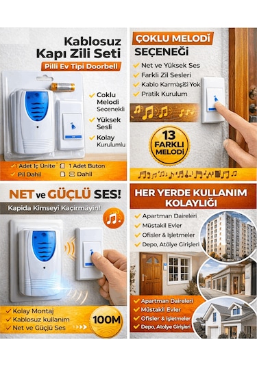 Kablosuz Kapı Zili Seti Pilli Ev Tipi Doorbell Çoklu Melodi S