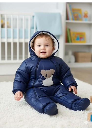 Bebek İçi Kürklü Çıkabilen Patik Ve Eldivenli Astronot Tulum Lacivert