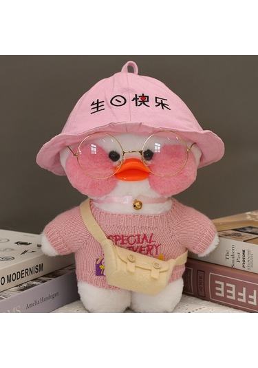 Dofolink 30 Cm Hyaluronik Asit Ordek Pelus Oyuncak - Kirmizi Kazak + Dogum Gunu Sapkasi + Canta + Gozluk, Hediye/pencere Dekoru Icin El Yikamasi Tavsiye Edilir El Torbasi Hediye