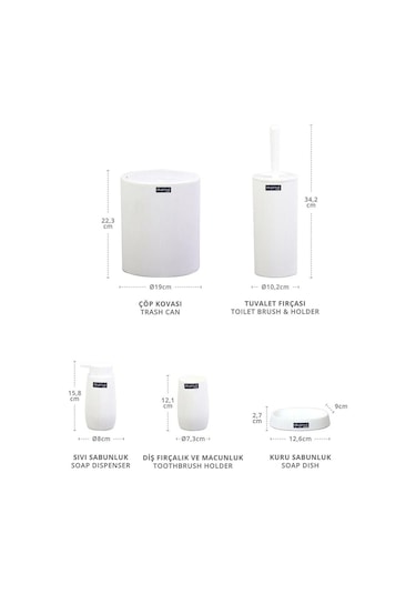 Çizgili 5 Parça Banyo Seti Çöp Kovası Tuvalet Fırçası Diş Fırçalık Sıvı Sabunluk Katı Sabunluk - Beyaz